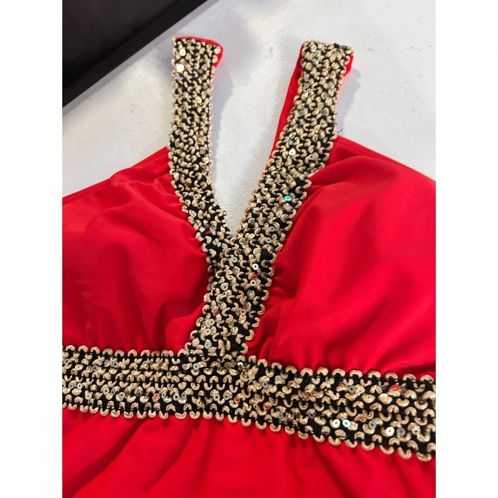 Pin Up Red One Piece Swimsuit Boy Short Cut Sequin Trim V-Neck Halter Medium